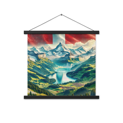 Berg Panorama: Schneeberge und Täler mit Schweizer Flagge - Premium Poster mit Aufhängung berge xxx yyy zzz 45.7 x 45.7 cm
