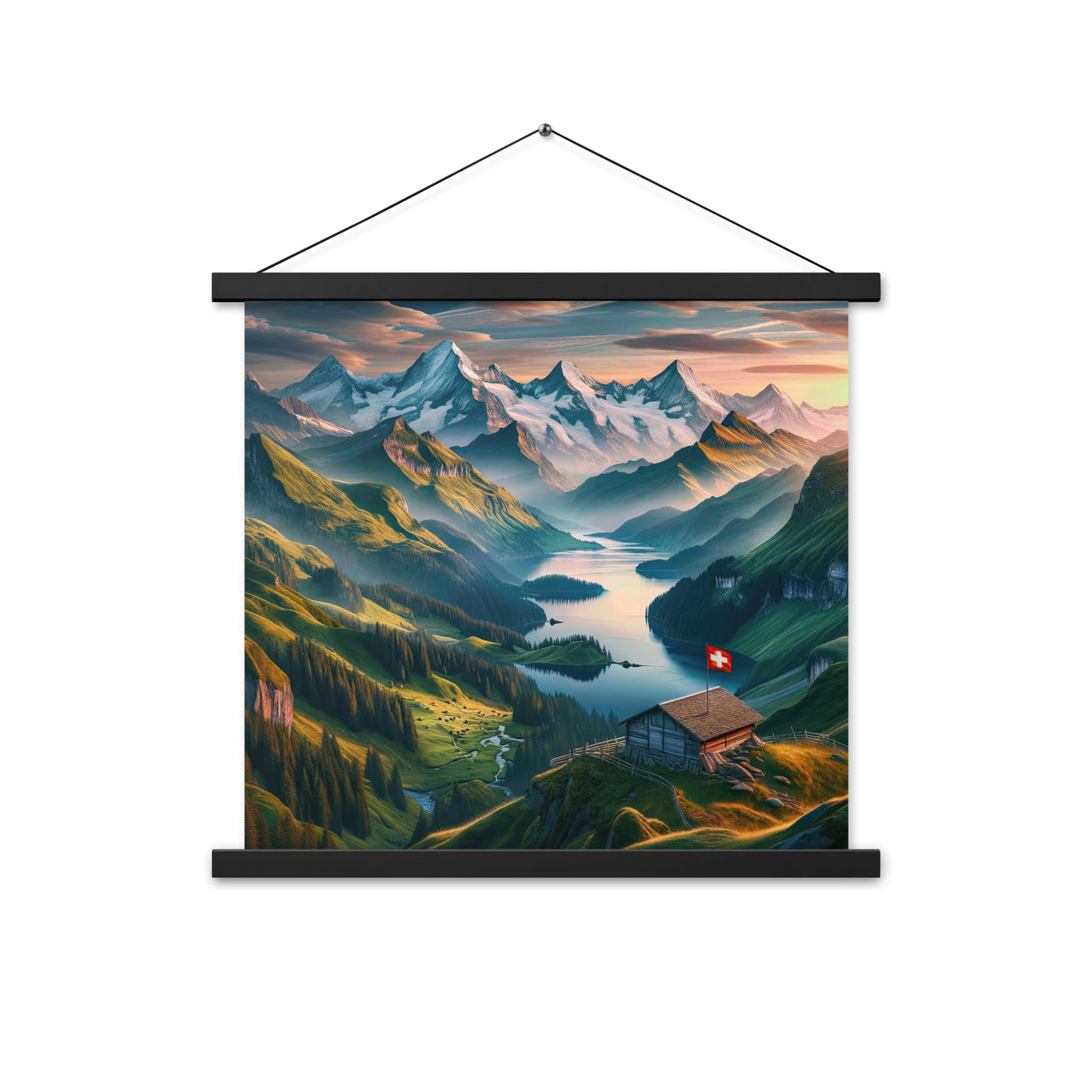 Schweizer Flagge, Alpenidylle: Dämmerlicht, epische Berge und stille Gewässer - Premium Poster mit Aufhängung berge xxx yyy zzz 45.7 x 45.7 cm