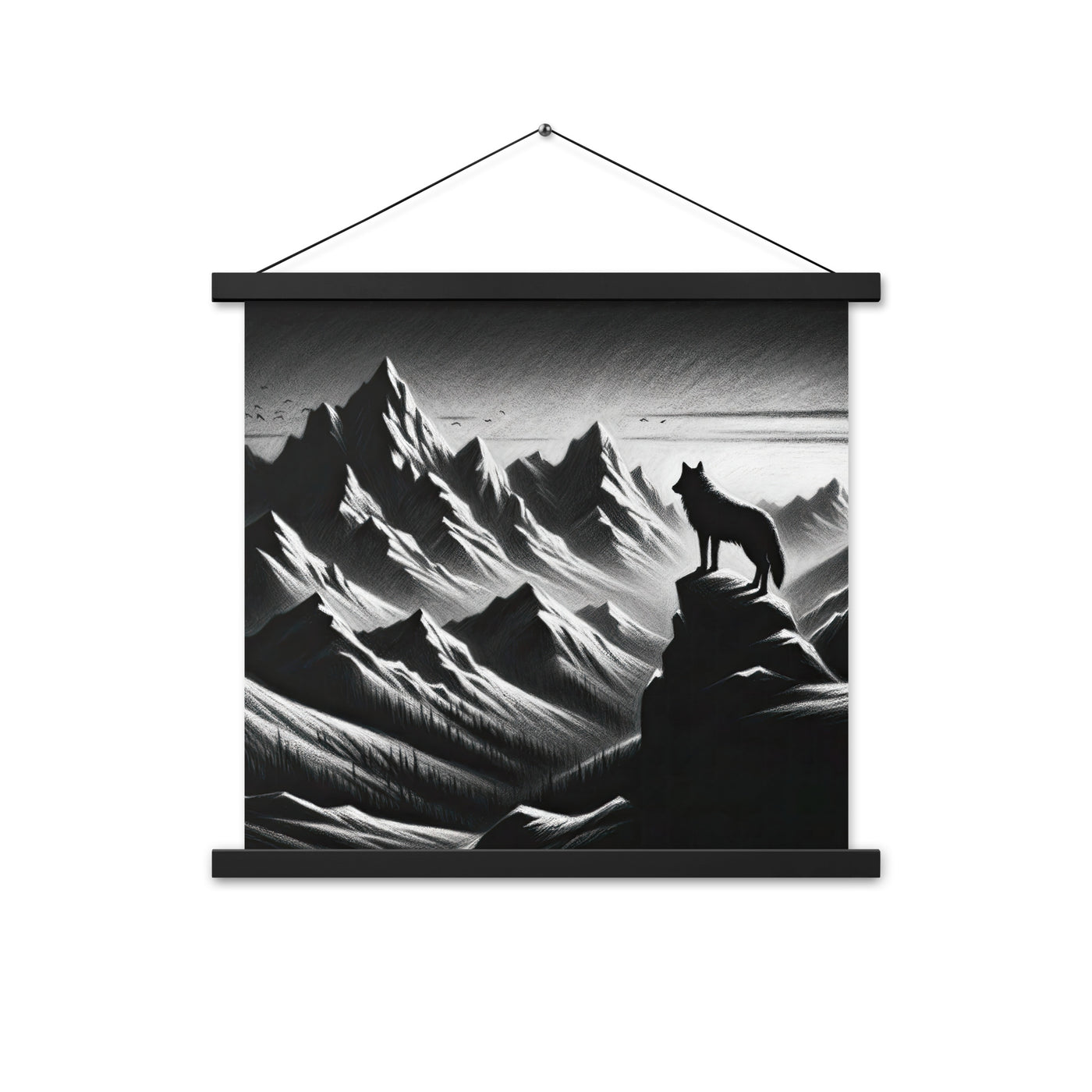 Kohlezeichnung, die die stille Stille der Alpen in der Winterdämmerung verkörpert. Wolf auf einem Berghügel (AN) - Enhanced Matte Paper xxx yyy zzz 45.7 x 45.7 cm