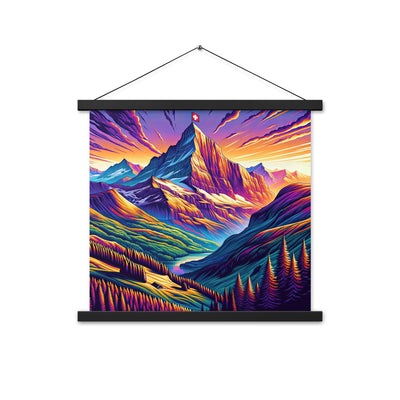Bergpracht mit Schweizer Flagge: Farbenfrohe Illustration einer Berglandschaft - Premium Poster mit Aufhängung berge xxx yyy zzz 45.7 x 45.7 cm