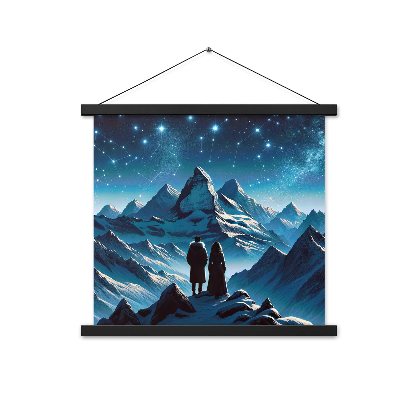 Alpenwinternacht: Digitale Kunst mit Wanderern in Bergen und Sternenhimmel - Premium Poster mit Aufhängung wandern xxx yyy zzz 45.7 x 45.7 cm