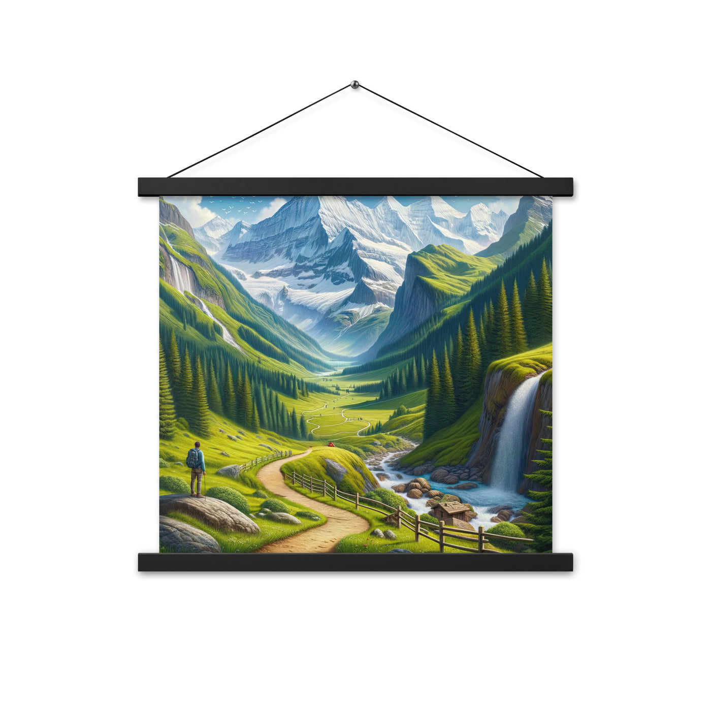Wanderer in den Bergen und Wald: Digitale Malerei mit grünen kurvenreichen Pfaden - Premium Poster mit Aufhängung wandern xxx yyy zzz 45.7 x 45.7 cm