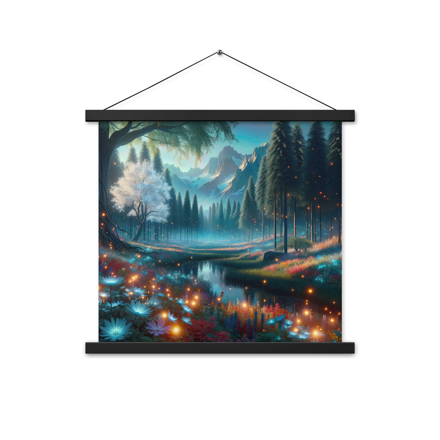 Ätherischer Alpenwald: Digitale Darstellung mit leuchtenden Bäumen und Blumen - Premium Poster mit Aufhängung camping xxx yyy zzz 45.7 x 45.7 cm