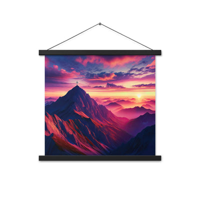 Dramatischer Alpen-Sonnenaufgang, Gipfelkreuz und warme Himmelsfarben - Premium Poster mit Aufhängung berge xxx yyy zzz 45.7 x 45.7 cm