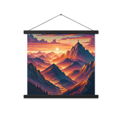 Dramatischer Alpen-Sonnenuntergang, Gipfelkreuz in Orange-Rosa - Premium Poster mit Aufhängung berge xxx yyy zzz 45.7 x 45.7 cm