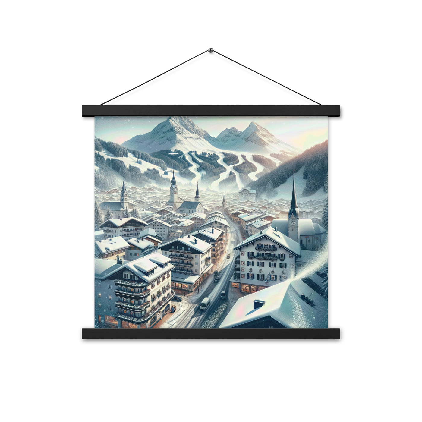 Winter in Kitzbühel: Digitale Malerei von schneebedeckten Dächern - Premium Poster mit Aufhängung berge xxx yyy zzz 45.7 x 45.7 cm