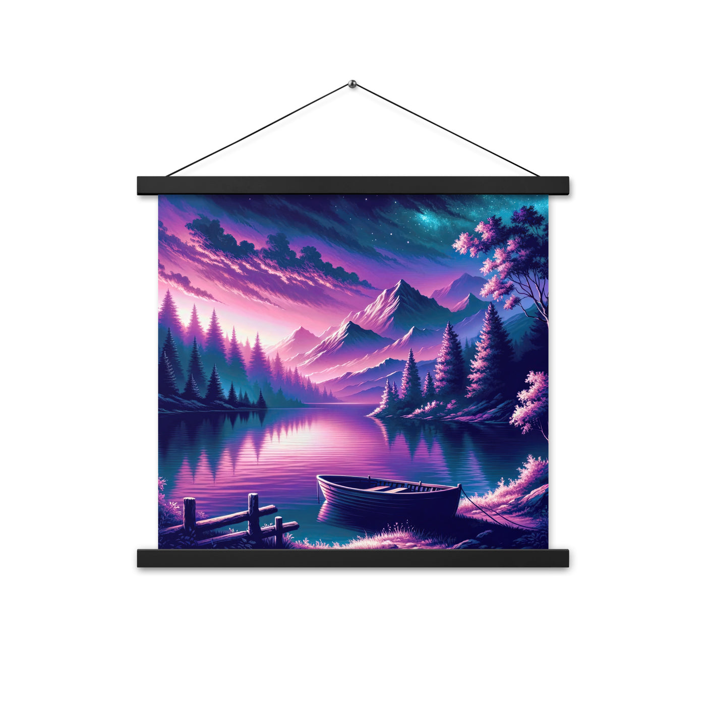 Magische Alpen-Dämmerung, rosa-lila Himmel und Bergsee mit Boot - Premium Poster mit Aufhängung berge xxx yyy zzz 45.7 x 45.7 cm