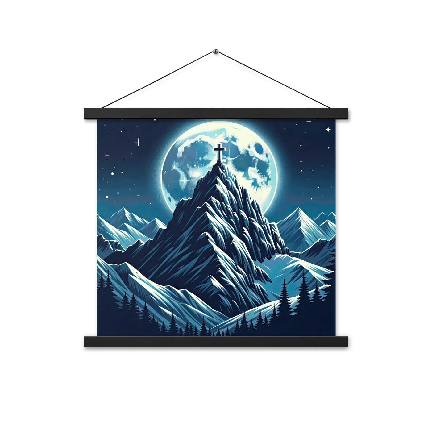 Mondnacht und Gipfelkreuz in den Alpen, glitzernde Schneegipfel - Premium Poster mit Aufhängung berge xxx yyy zzz 45.7 x 45.7 cm