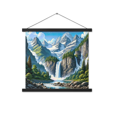 Illustration einer unberührten Alpenkulisse im Hochsommer. Wasserfall und See - Premium Poster mit Aufhängung berge xxx yyy zzz 45.7 x 45.7 cm