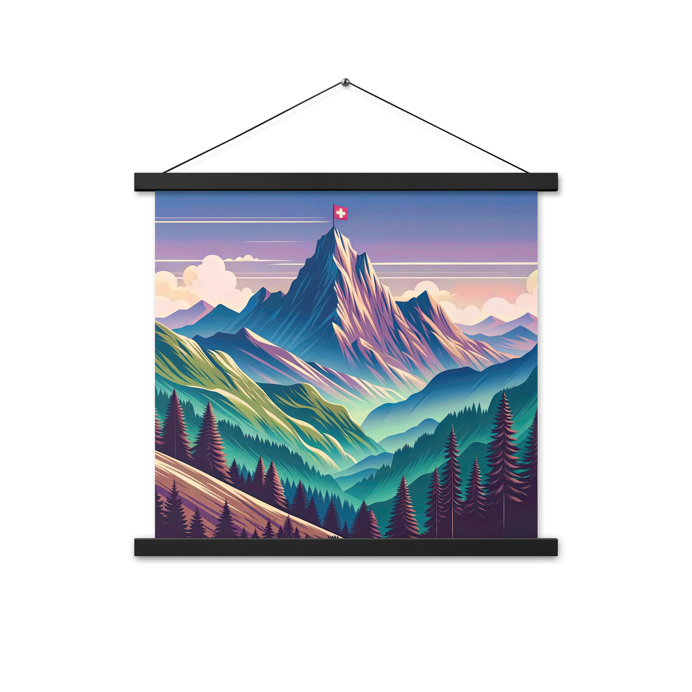 Harmonische Berglandschaft mit Schweizer Flagge auf Gipfel - Premium Poster mit Aufhängung berge xxx yyy zzz 45.7 x 45.7 cm