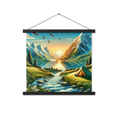 Zelt im Alpenmorgen mit goldenem Licht, Schneebergen und unberührten Seen - Premium Poster mit Aufhängung berge xxx yyy zzz 45.7 x 45.7 cm