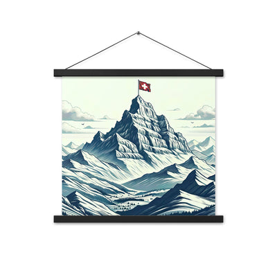Ausgedehnte Bergkette mit dominierendem Gipfel und wehender Schweizer Flagge - Premium Poster mit Aufhängung berge xxx yyy zzz 45.7 x 45.7 cm