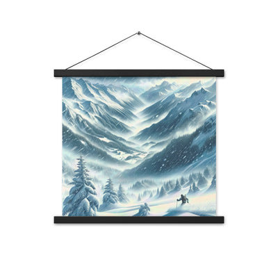 Alpine Wildnis im Wintersturm mit Skifahrer, verschneite Landschaft - Premium Poster mit Aufhängung klettern ski xxx yyy zzz 45.7 x 45.7 cm