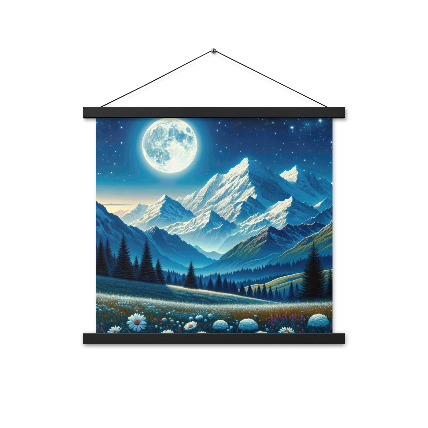Klare frühlingshafte Alpennacht mit Blumen und Vollmond über Schneegipfeln - Premium Poster mit Aufhängung berge xxx yyy zzz 45.7 x 45.7 cm