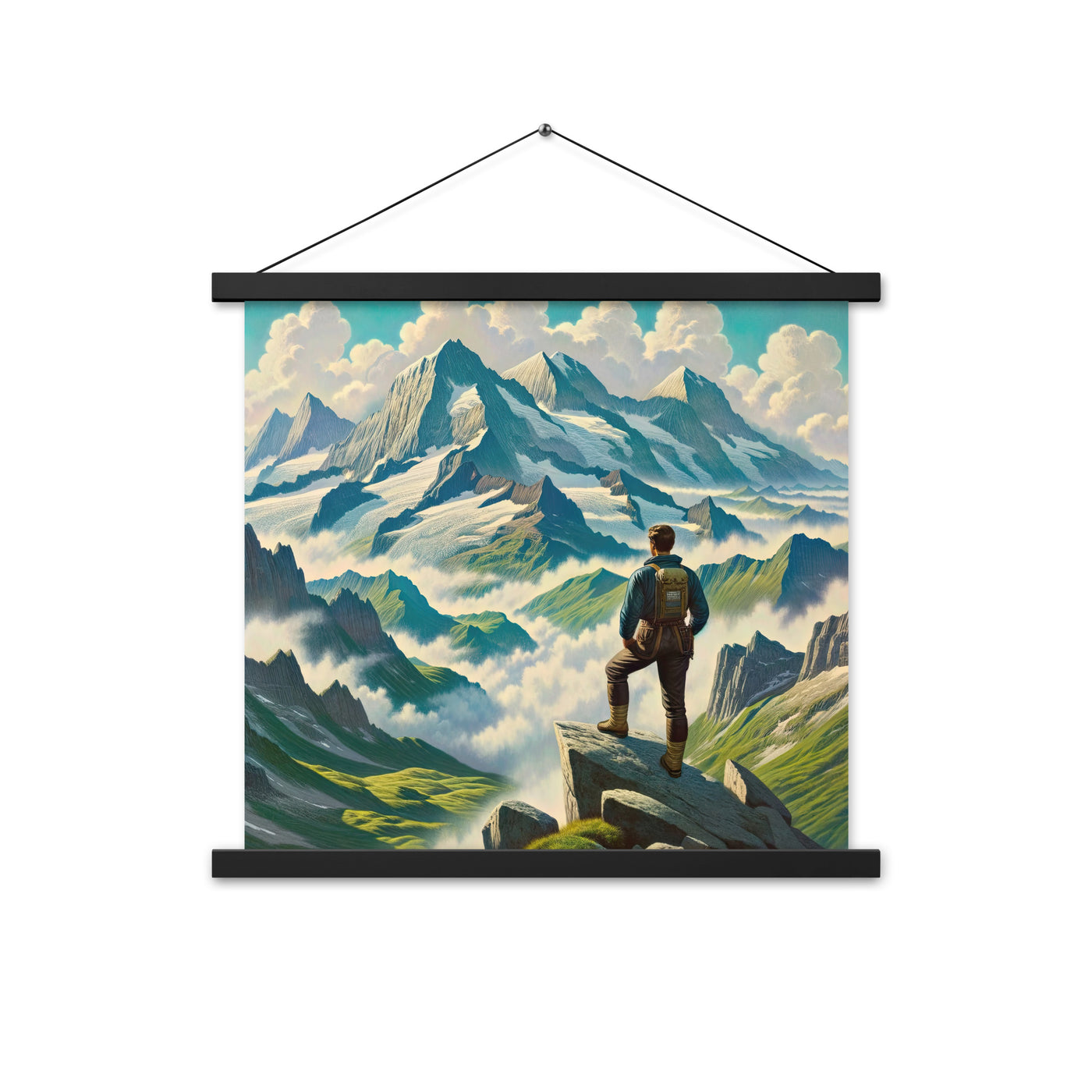 Panoramablick der Alpen mit Wanderer auf einem Hügel und schroffen Gipfeln - Premium Poster mit Aufhängung wandern xxx yyy zzz 45.7 x 45.7 cm