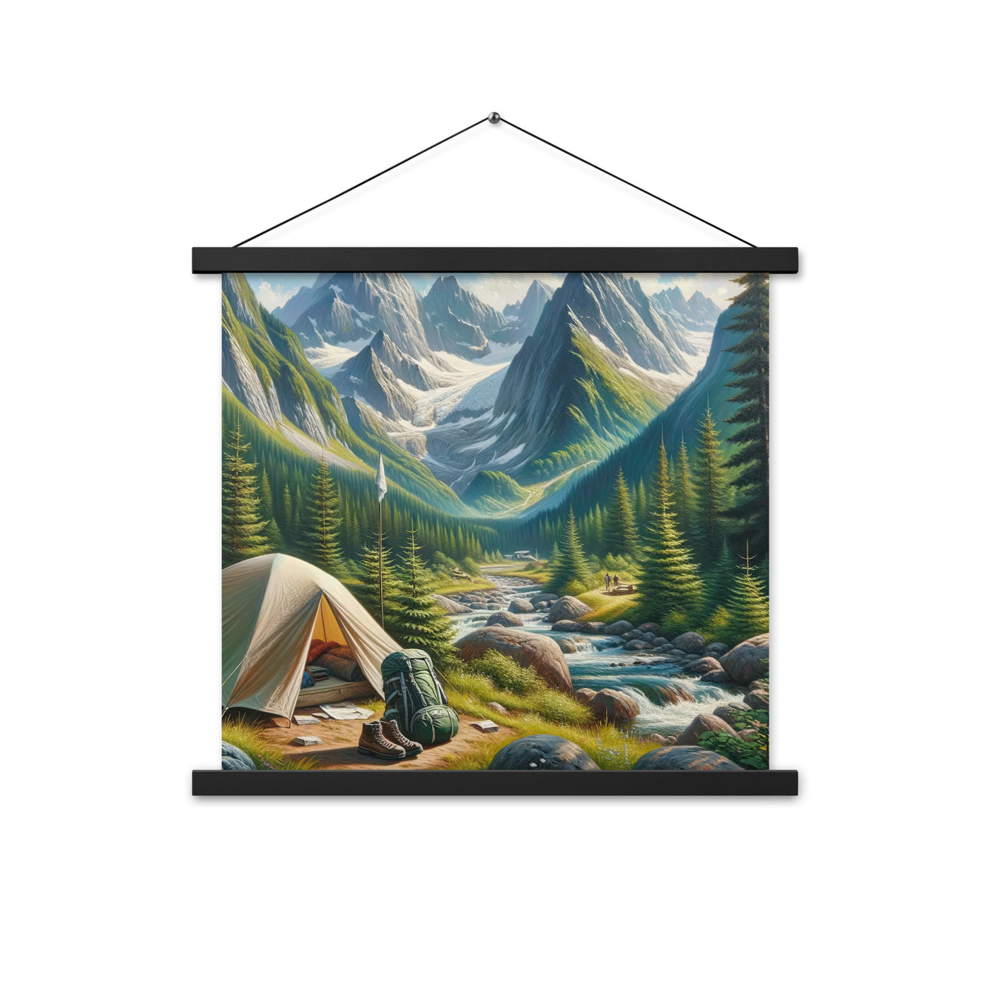 Ölgemälde der Alpensommerlandschaft mit Zelt, Gipfeln, Wäldern und Bächen - Premium Poster mit Aufhängung camping xxx yyy zzz 45.7 x 45.7 cm