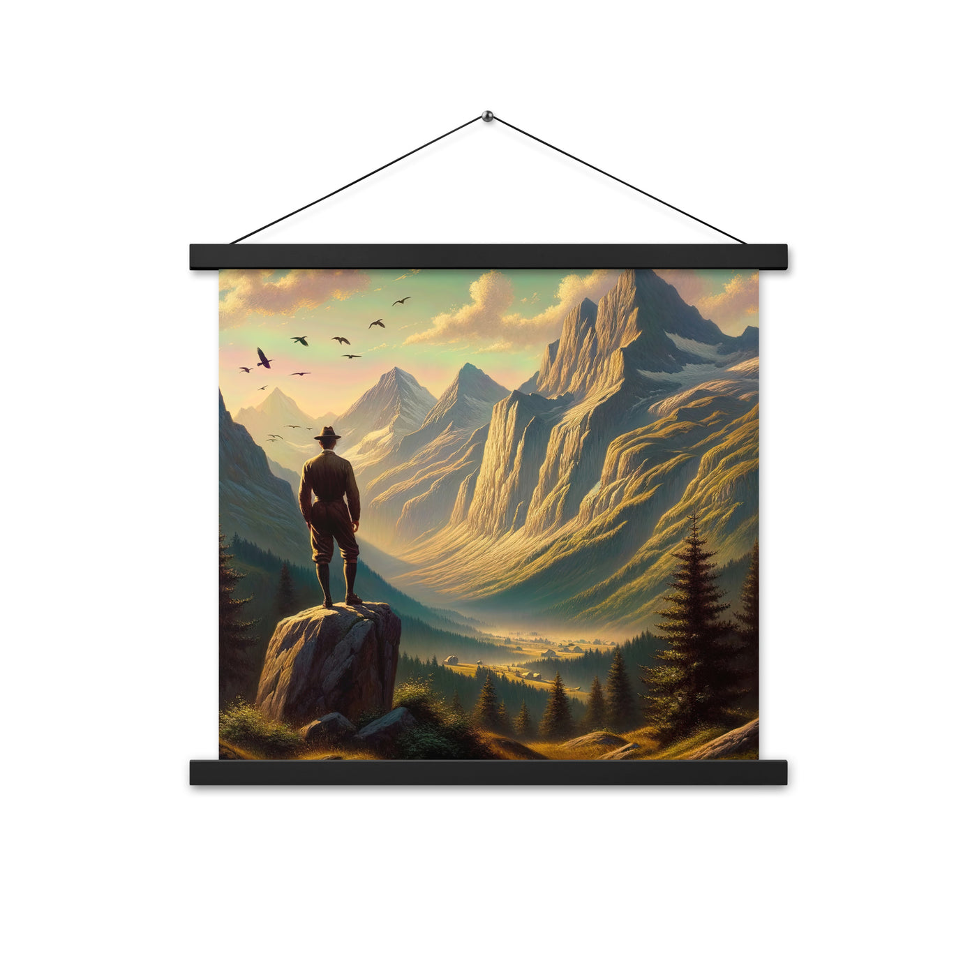 Ölgemälde eines Schweizer Wanderers in den Alpen bei goldenem Sonnenlicht - Premium Poster mit Aufhängung wandern xxx yyy zzz 45.7 x 45.7 cm
