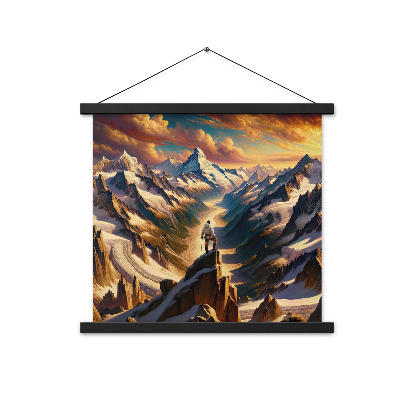 Ölgemälde eines Wanderers auf einem Hügel mit Panoramablick auf schneebedeckte Alpen und goldenen Himmel - Enhanced Matte Paper Poster wandern xxx yyy zzz 45.7 x 45.7 cm