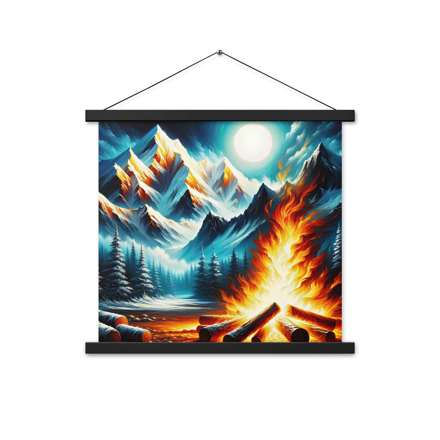 Ölgemälde von Feuer und Eis: Lagerfeuer und Alpen im Kontrast, warme Flammen - Premium Poster mit Aufhängung camping xxx yyy zzz 45.7 x 45.7 cm