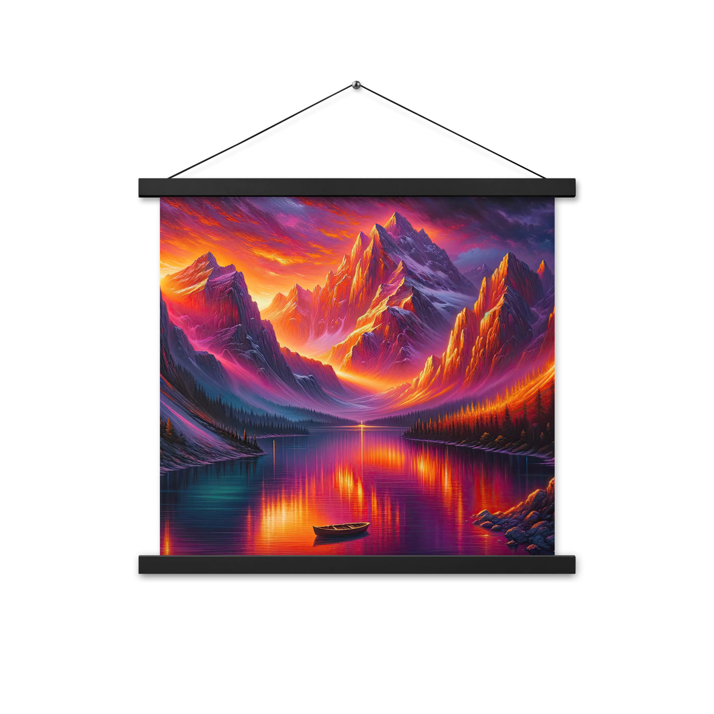 Ölgemälde eines Bootes auf einem Bergsee bei Sonnenuntergang, lebendige Orange-Lila Töne - Premium Poster mit Aufhängung berge xxx yyy zzz 45.7 x 45.7 cm