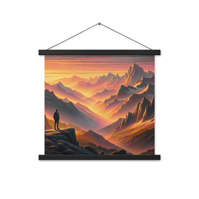 Ölgemälde der Alpen in der goldenen Stunde mit Wanderer, Orange-Rosa Bergpanorama - Premium Poster mit Aufhängung wandern xxx yyy zzz 45.7 x 45.7 cm