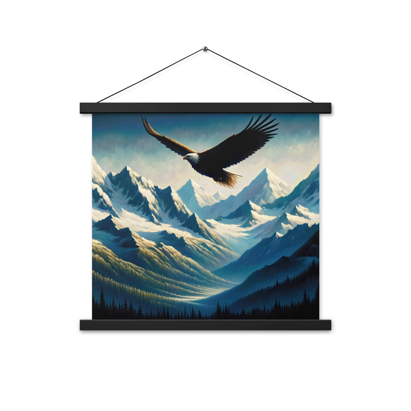 Ölgemälde eines Adlers vor schneebedeckten Bergsilhouetten - Premium Poster mit Aufhängung berge xxx yyy zzz 45.7 x 45.7 cm
