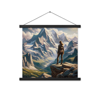 Ölgemälde der Alpengipfel mit Schweizer Abenteurerin auf Felsvorsprung - Premium Poster mit Aufhängung wandern xxx yyy zzz 45.7 x 45.7 cm