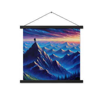 Ölgemälde eines ruhigen Alpenabends mit Bergsteigersilhouette auf dem Gipfel - Premium Poster mit Aufhängung wandern xxx yyy zzz 45.7 x 45.7 cm