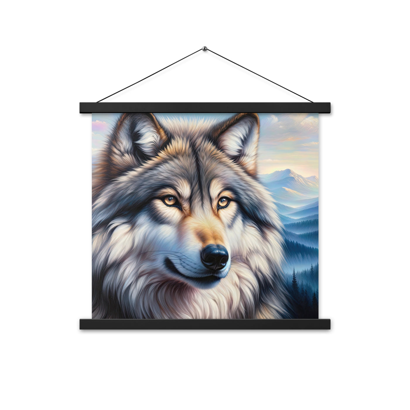 Ölgemäldeporträt eines majestätischen Wolfes mit intensiven Augen in der Berglandschaft (AN) - Premium Poster mit Aufhängung xxx yyy zzz 45.7 x 45.7 cm