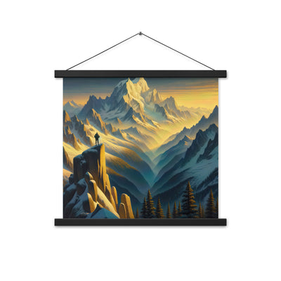 Ölgemälde eines Wanderers bei Morgendämmerung auf Alpengipfeln mit goldenem Sonnenlicht - Premium Poster mit Aufhängung wandern xxx yyy zzz 45.7 x 45.7 cm