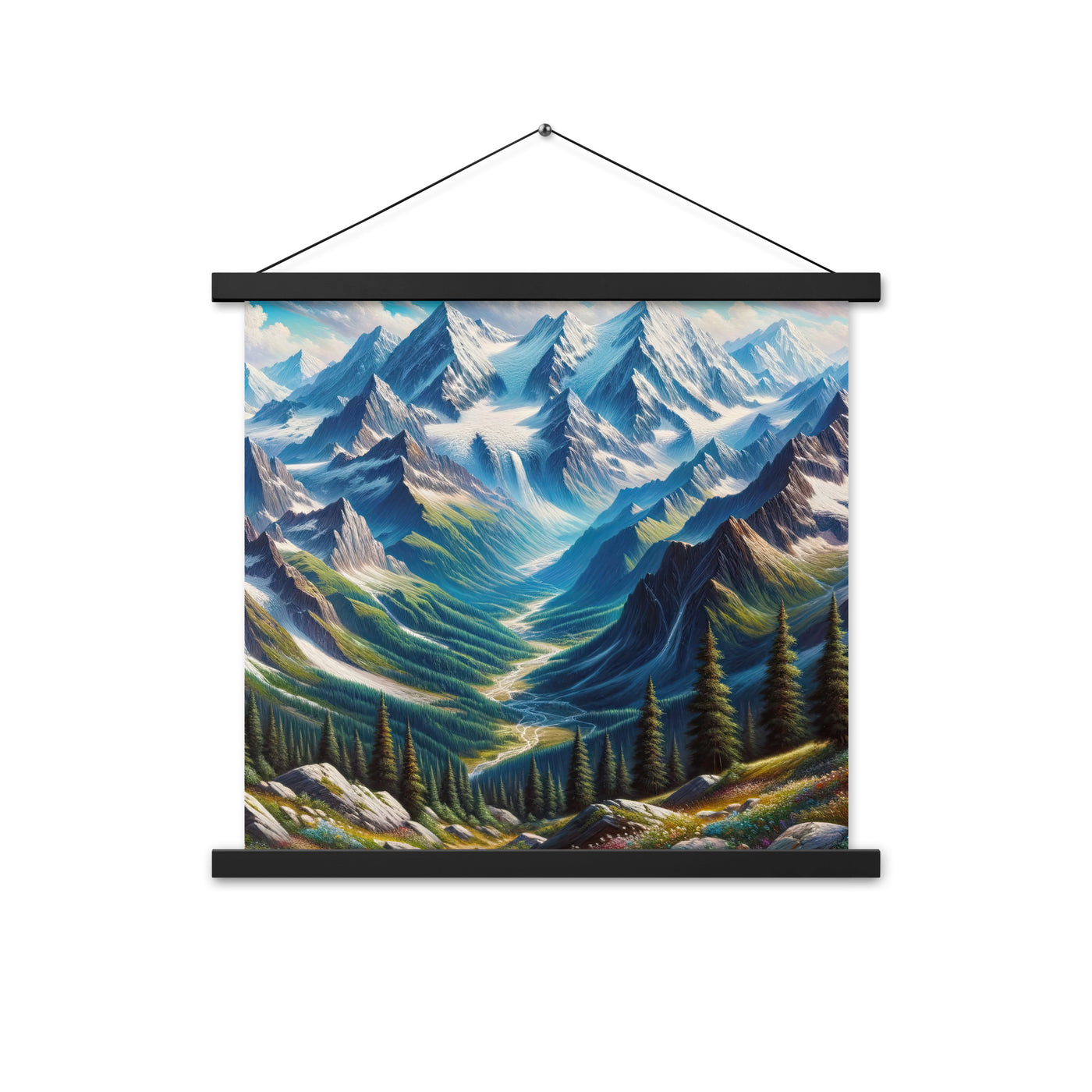 Panorama-Ölgemälde der Alpen mit schneebedeckten Gipfeln und schlängelnden Flusstälern - Premium Poster mit Aufhängung berge xxx yyy zzz 45.7 x 45.7 cm