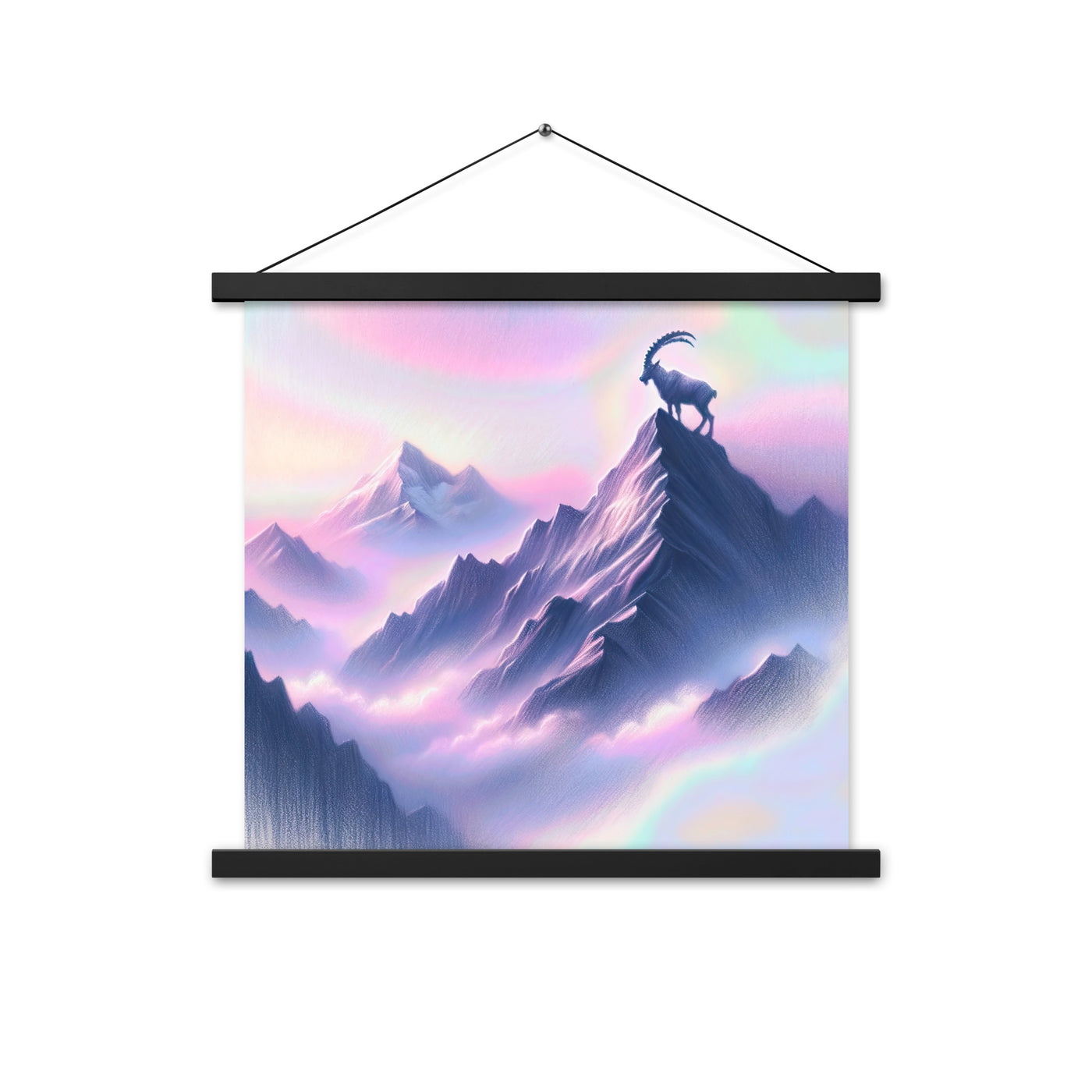 Pastellzeichnung der Alpen im Morgengrauen mit Steinbock in Rosa- und Lavendeltönen - Premium Poster mit Aufhängung berge xxx yyy zzz 45.7 x 45.7 cm