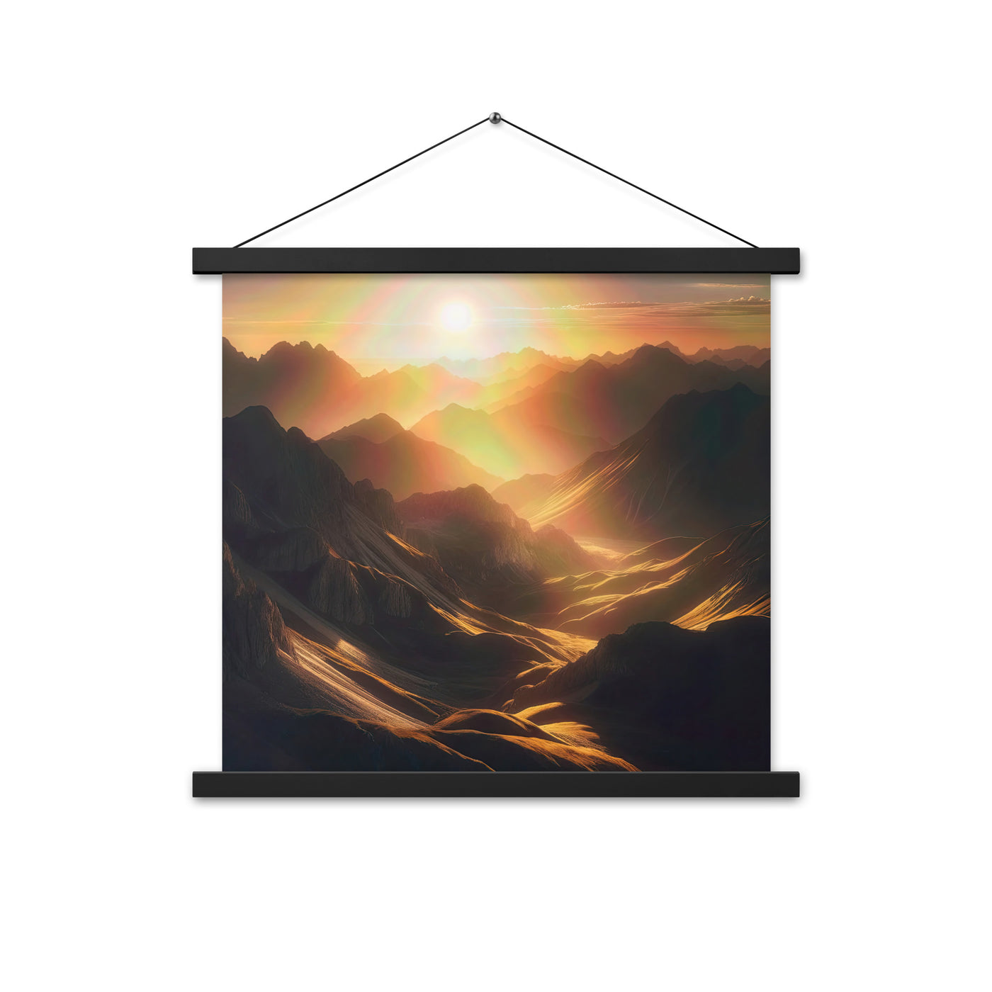 Foto der goldenen Stunde in den Bergen mit warmem Schein über zerklüftetem Gelände - Premium Poster mit Aufhängung berge xxx yyy zzz 45.7 x 45.7 cm