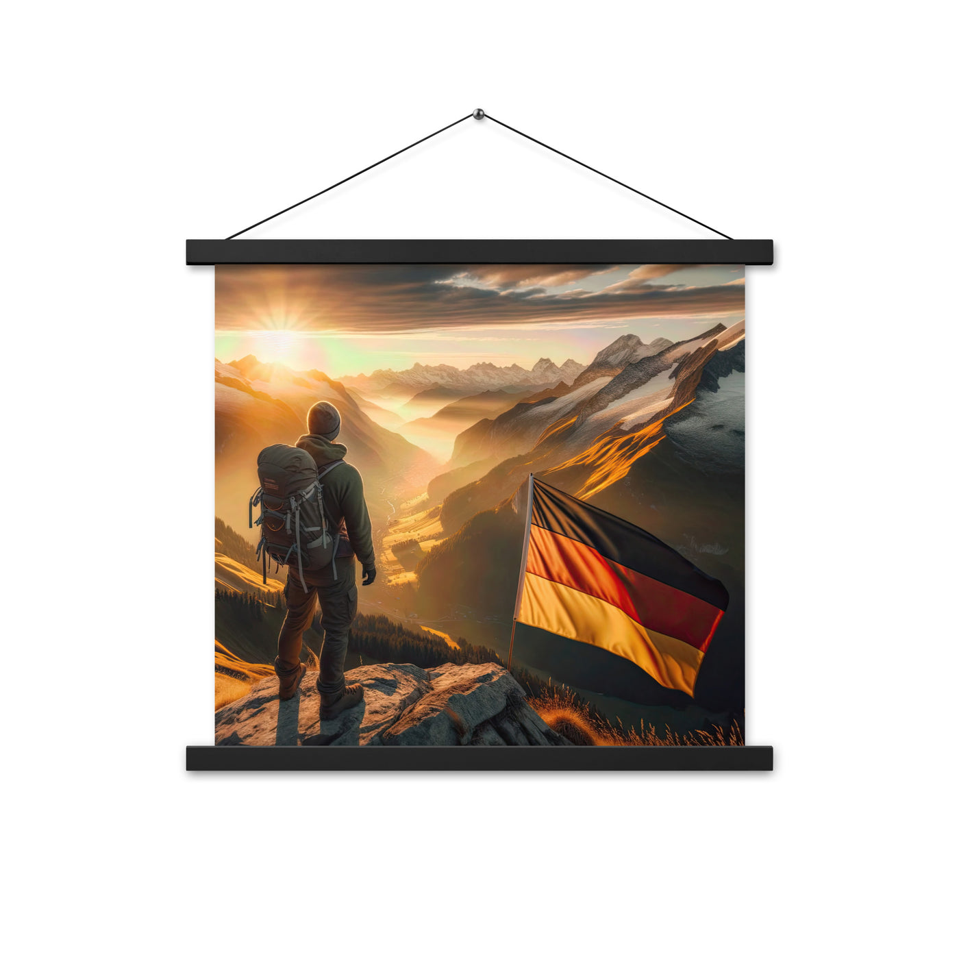 Foto der Alpen bei Sonnenuntergang mit deutscher Flagge und Wanderer, goldenes Licht auf Schneegipfeln - Enhanced Matte Paper Poster berge xxx yyy zzz 45.7 x 45.7 cm