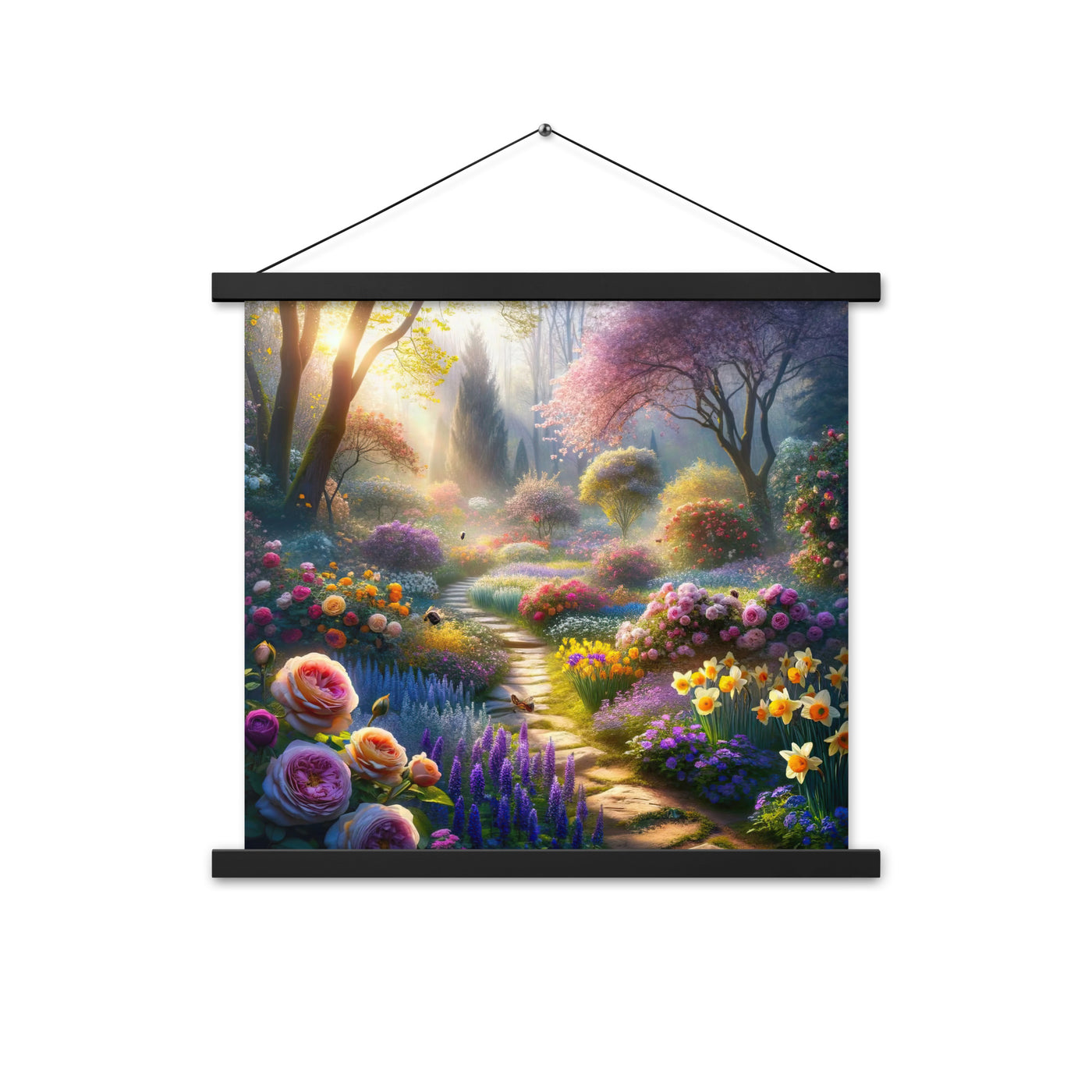Foto einer Gartenszene im Frühling mit Weg durch blühende Rosen und Veilchen - Premium Poster mit Aufhängung camping xxx yyy zzz 45.7 x 45.7 cm