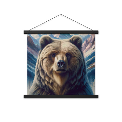 Foto eines Bären vor abstrakt gemalten Alpenbergen, Oberkörper im Fokus - Premium Poster mit Aufhängung camping xxx yyy zzz 45.7 x 45.7 cm