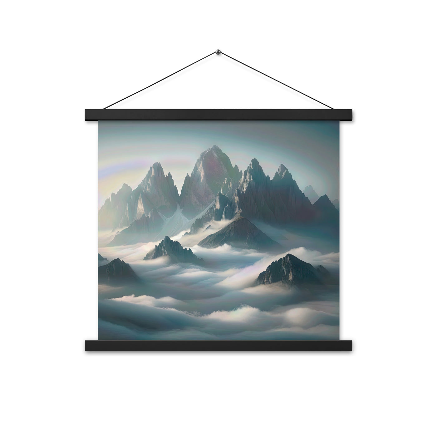 Foto eines nebligen Alpenmorgens, scharfe Gipfel ragen aus dem Nebel - Premium Poster mit Aufhängung berge xxx yyy zzz 45.7 x 45.7 cm