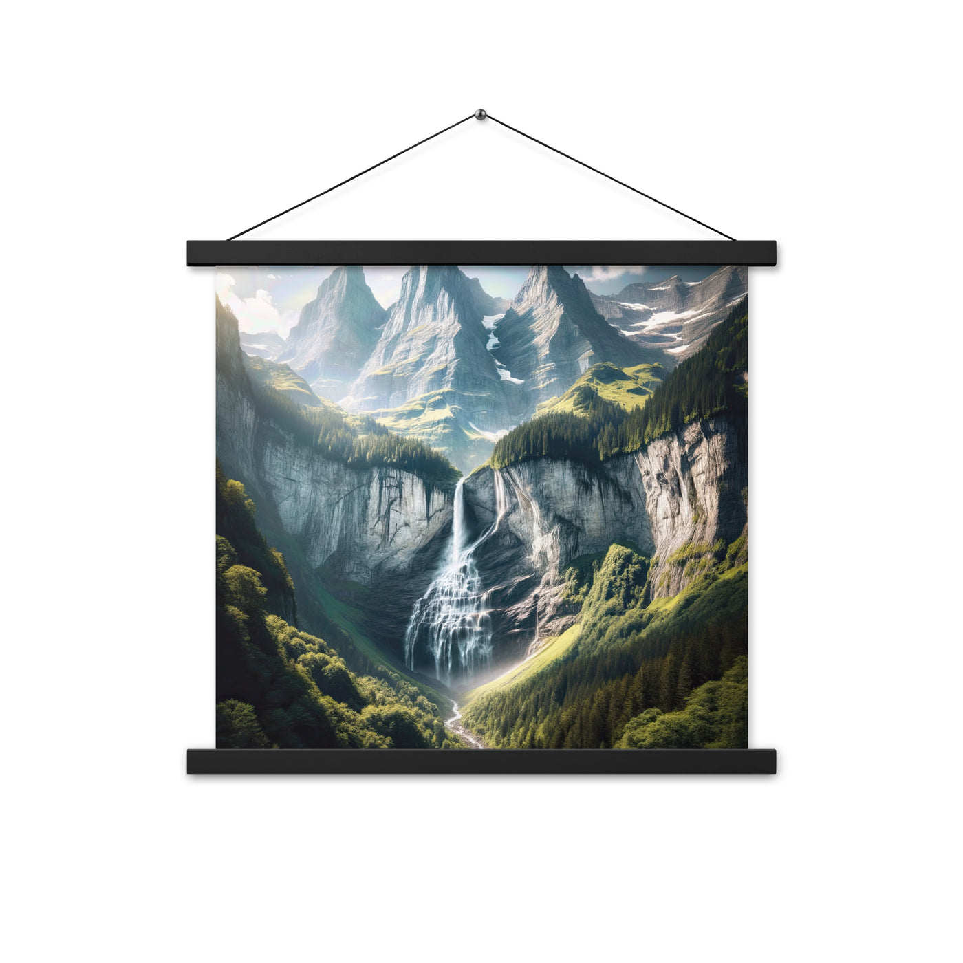 Foto der sommerlichen Alpen mit üppigen Gipfeln und Wasserfall - Premium Poster mit Aufhängung berge xxx yyy zzz 45.7 x 45.7 cm