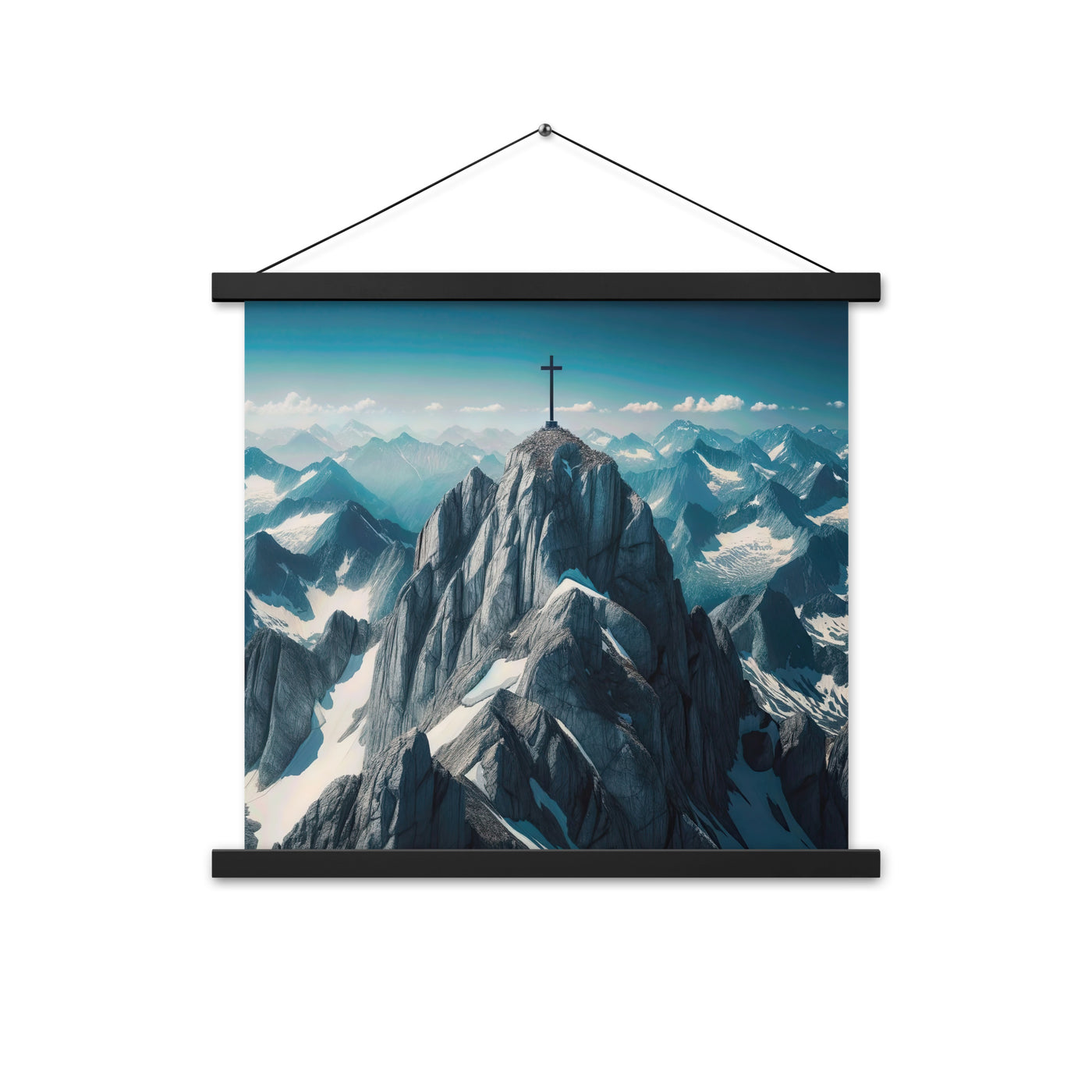 Foto der Alpen mit Gipfelkreuz an einem klaren Tag, schneebedeckte Spitzen vor blauem Himmel - Enhanced Matte Paper Poster With Hanger berge xxx yyy zzz 45.7 x 45.7 cm