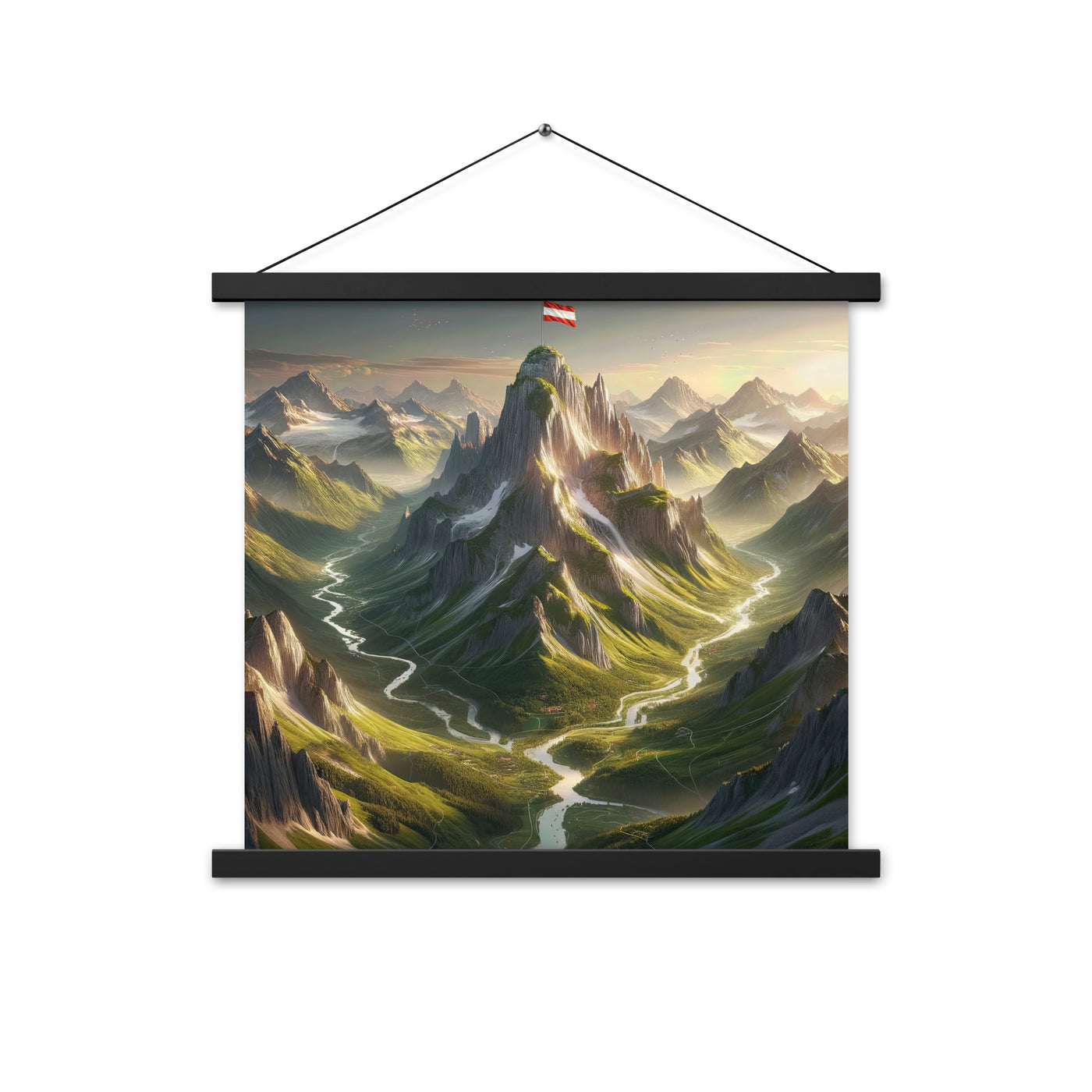 Fotorealistisches Bild der Alpen mit österreichischer Flagge, scharfen Gipfeln und grünen Tälern - Enhanced Matte Paper Poster With berge xxx yyy zzz 45.7 x 45.7 cm
