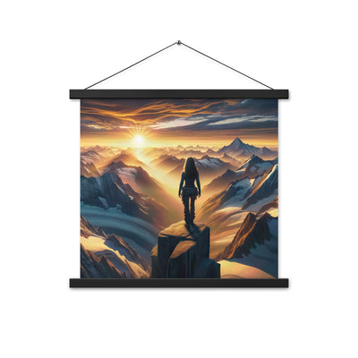 Fotorealistische Darstellung der Alpen bei Sonnenaufgang, Wanderin unter einem gold-purpurnen Himmel - Enhanced Matte Paper Poster With wandern xxx yyy zzz 45.7 x 45.7 cm