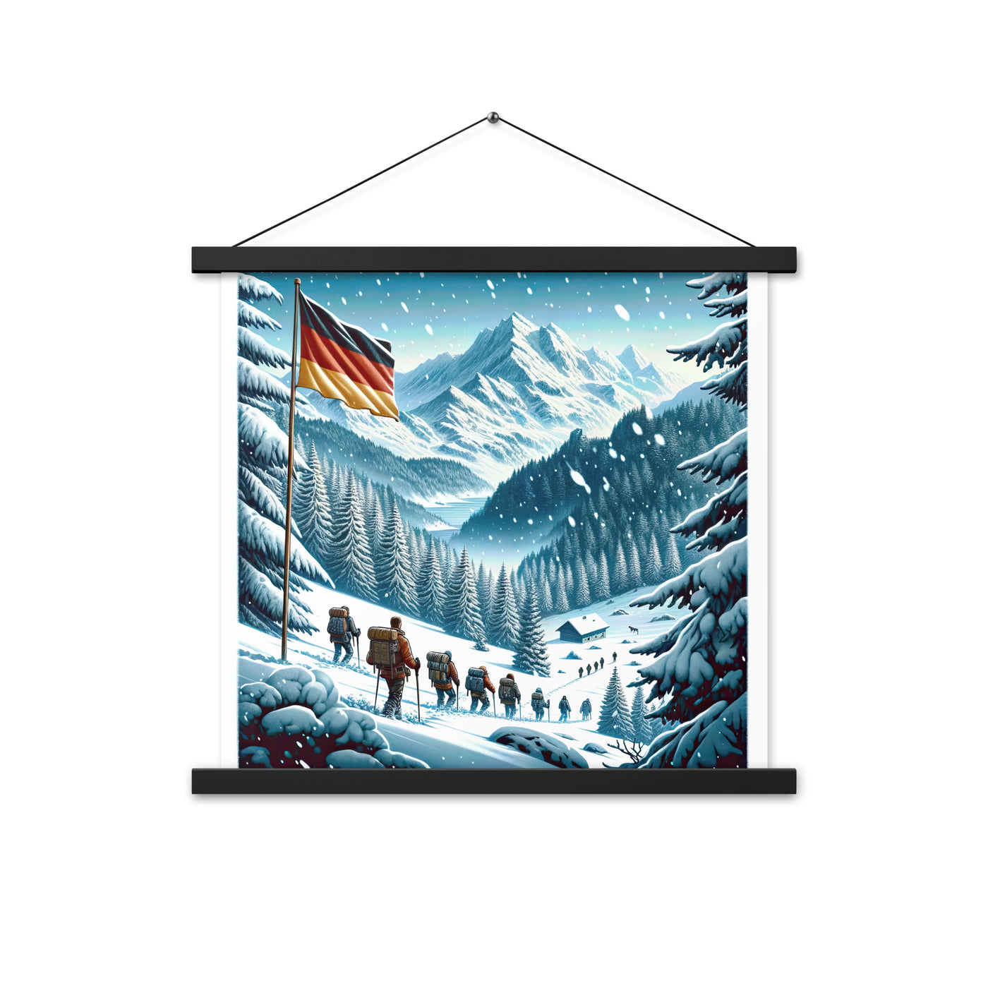 Quadratische Winterillustration der Alpen mit deutscher Flagge und Wanderteam - Premium Poster mit Aufhängung wandern xxx yyy zzz 45.7 x 45.7 cm
