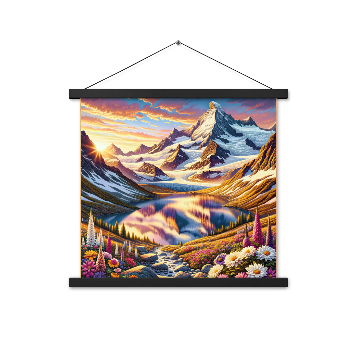 Quadratische Illustration der Alpen mit schneebedeckten Gipfeln und Wildblumen - Premium Poster mit Aufhängung berge xxx yyy zzz 45.7 x 45.7 cm