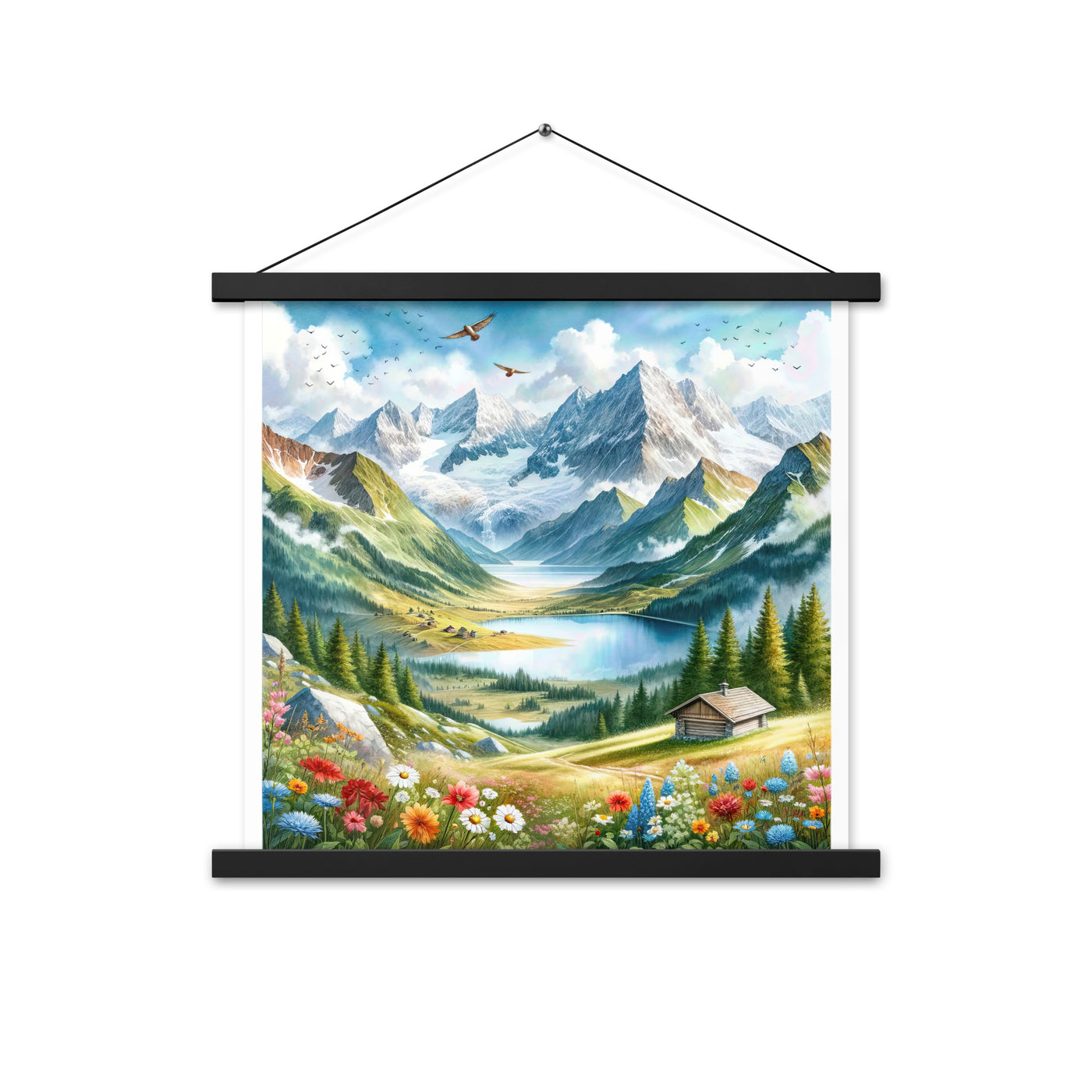 Quadratisches Aquarell der Alpen, Berge mit schneebedeckten Spitzen - Premium Poster mit Aufhängung berge xxx yyy zzz 45.7 x 45.7 cm
