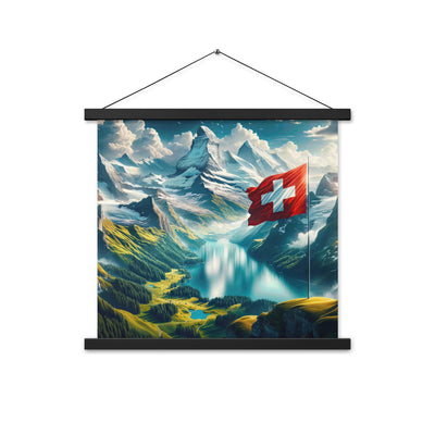 Ultraepische, fotorealistische Darstellung der Schweizer Alpenlandschaft mit Schweizer Flagge - Enhanced Matte Paper Poster With Hanger berge xxx yyy zzz 45.7 x 45.7 cm