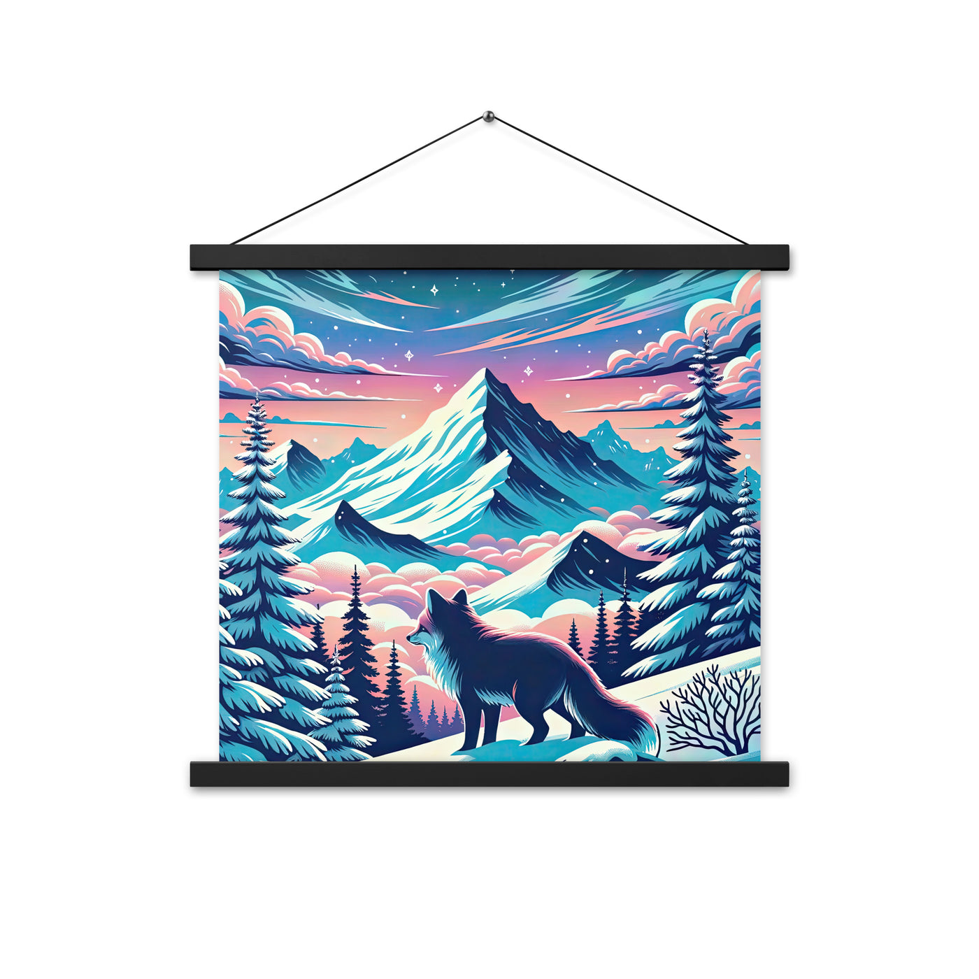 Vektorgrafik eines alpinen Winterwunderlandes mit schneebedeckten Kiefern und einem Fuchs - Premium Poster mit Aufhängung camping xxx yyy zzz 45.7 x 45.7 cm