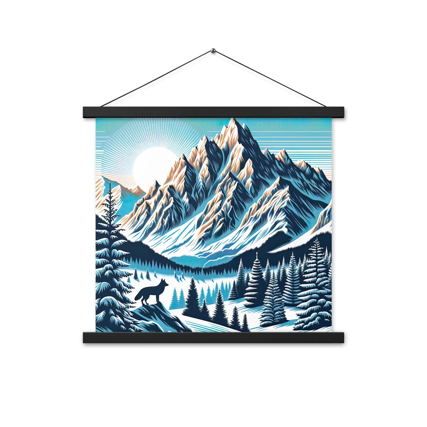 Vektorgrafik eines Wolfes im winterlichen Alpenmorgen, Berge mit Schnee- und Felsmustern - Premium Poster mit Aufhängung berge xxx yyy zzz 45.7 x 45.7 cm