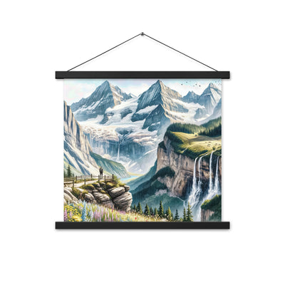 Aquarell-Panoramablick der Alpen mit schneebedeckten Gipfeln, Wasserfällen und Wanderern - Premium Poster mit Aufhängung wandern xxx yyy zzz 45.7 x 45.7 cm
