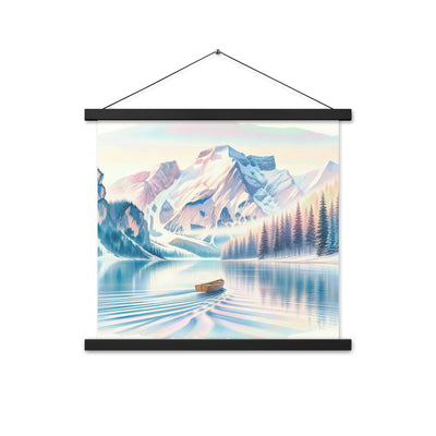 Aquarell eines klaren Alpenmorgens, Boot auf Bergsee in Pastelltönen - Premium Poster mit Aufhängung berge xxx yyy zzz 45.7 x 45.7 cm