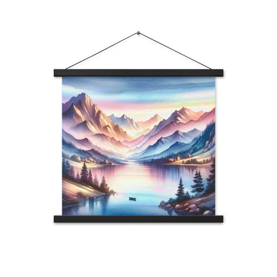 Aquarell einer Dämmerung in den Alpen, Boot auf einem See in Pastell-Licht - Premium Poster mit Aufhängung berge xxx yyy zzz 45.7 x 45.7 cm